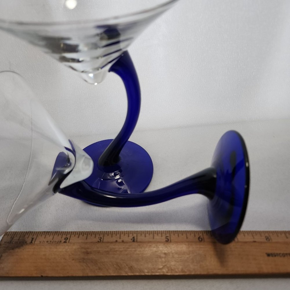 2 Libbey BRAVURA Cobalt Bent Stem Martini Glasses 6.5" barware curve swerve 4 oz